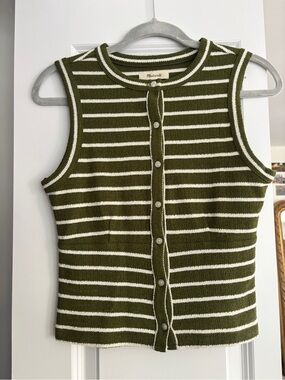 Madewell Olive & White Striped Sleeveless Button-Front Knit Top